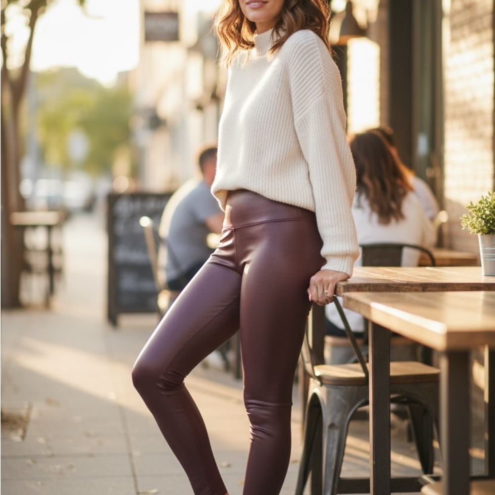 Women's Burgundy Faux Leather Leggings